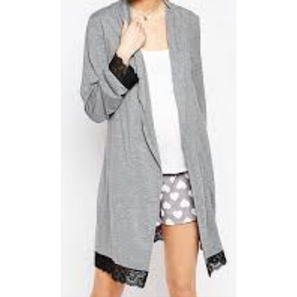 NWOT ASOS Long Gray Duster Cardigan Robe Black Lace Trim Oversized Small